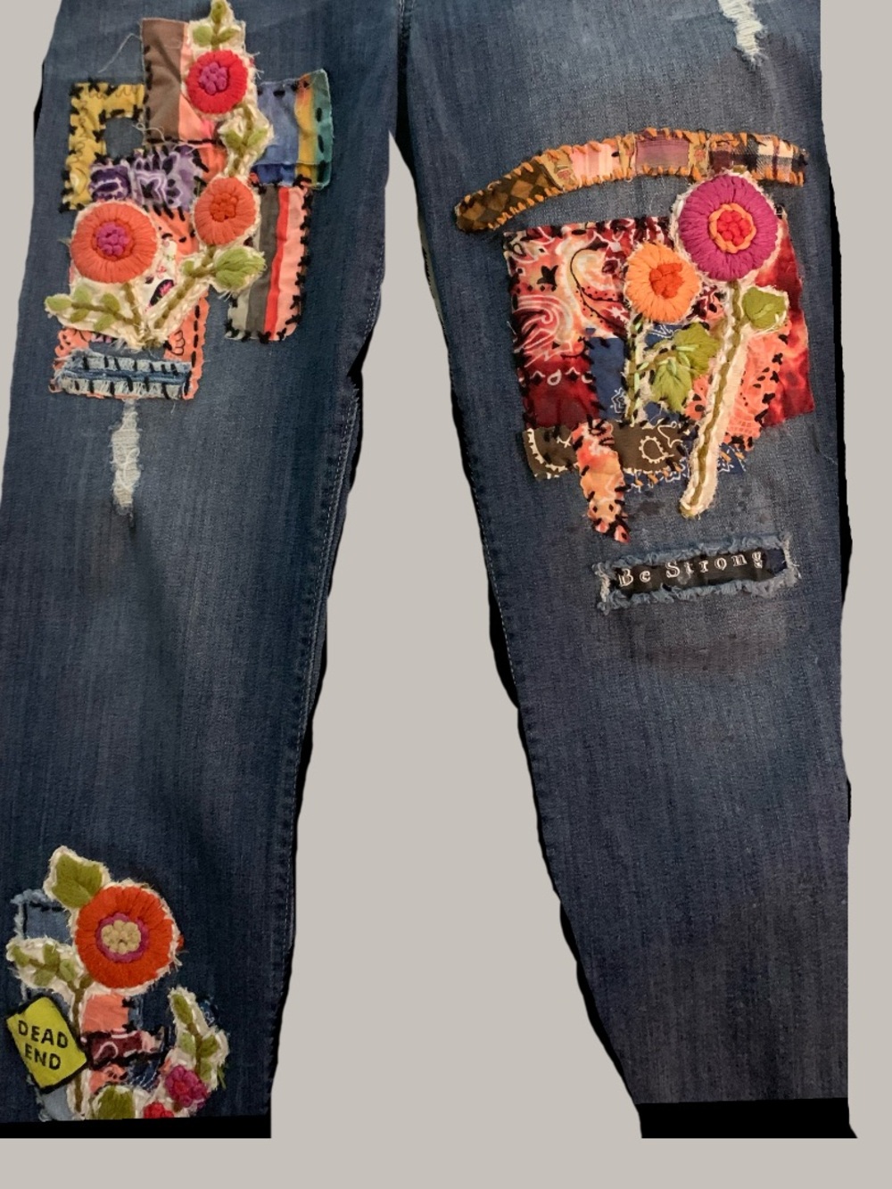 Embroidered Floral Upcycled Blue Jeans with Patches of Color